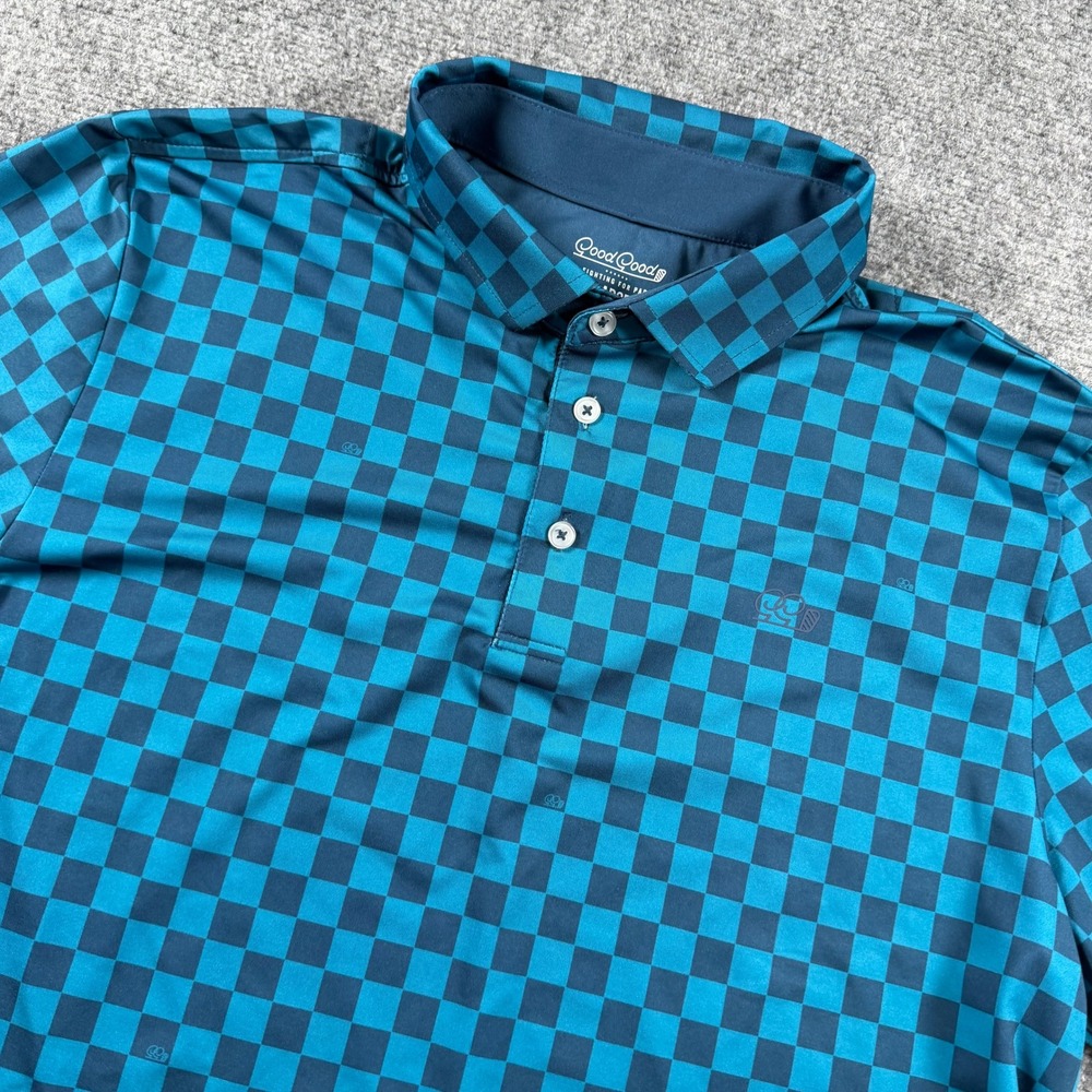 Good Good Golf Polo Mens Large Teal Blue Checkered Performance Short Sleeve Top